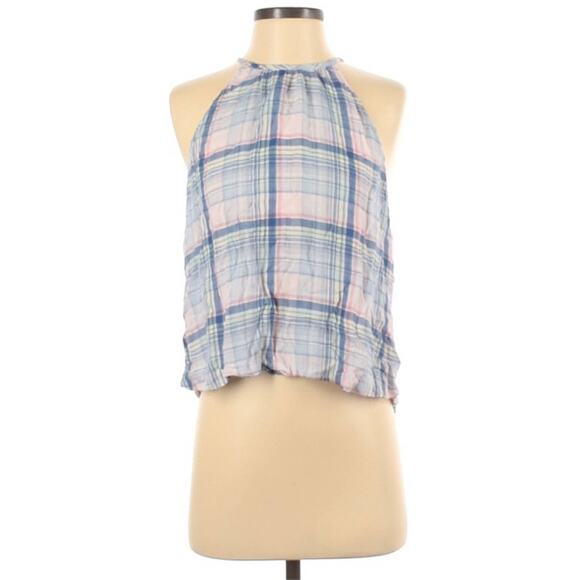 Cloth & Stone Blue Checkered Crop Halter Button Back Top - Picture 1 of 9